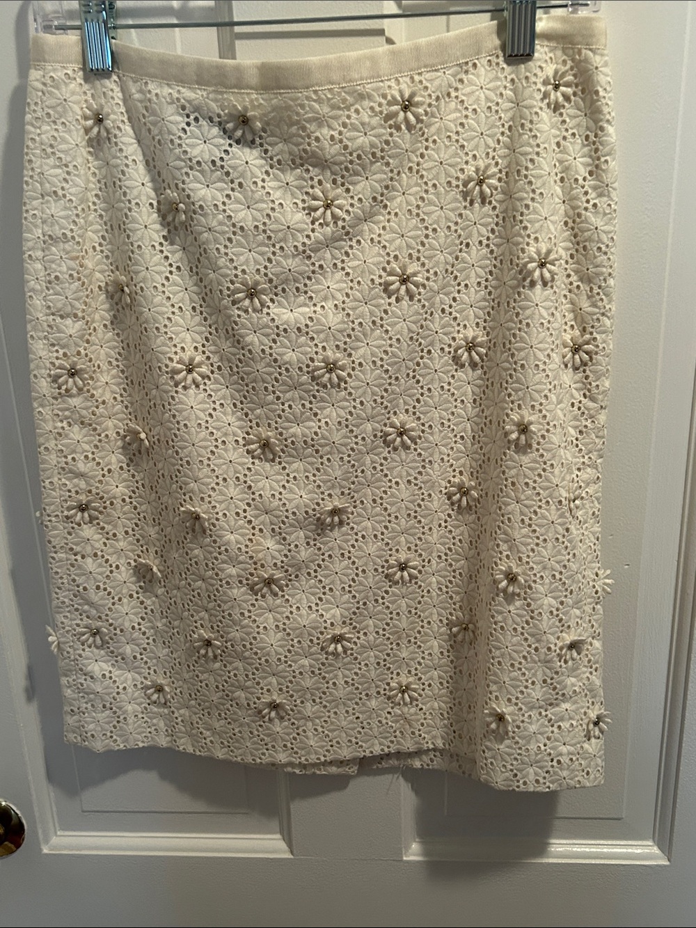 Talbots Cream Eyelet Pencil Skirt with 3D Floral Appliqués